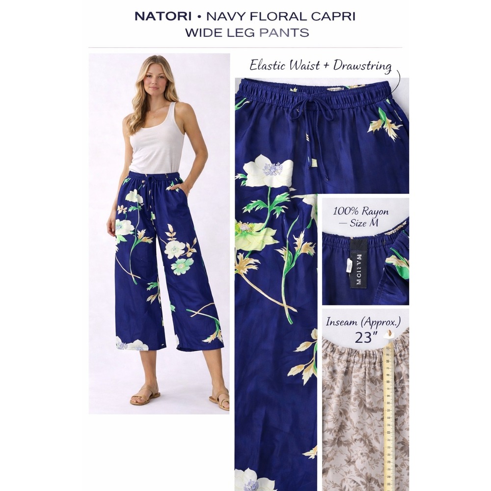 Natori Floral Pajama Pants Small Blue‎ Wide Leg Elastic Waist Lounge Sleepwear